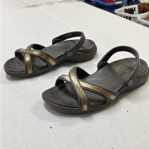 Crocs Huarache Sandals Womens 9 Brown Gold‎ Strappy Wedge Croslite Jelly Casual - Picture 11 of 12